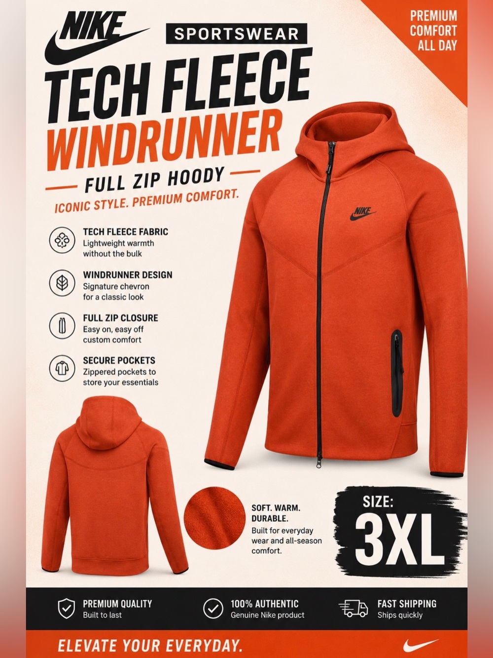Nike Windrunner Tech Fleece Full Zip Hoody - Orange, Size 3XL